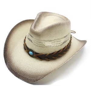 Chapeau de cowboy classique en paille tissée avec perle turquoise et bord dégradé vintage