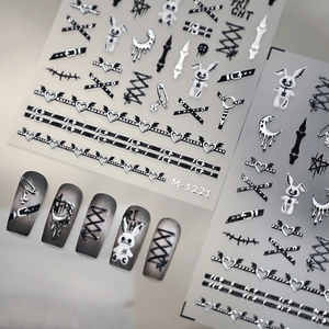 3D gothic Halloween nail stickers with silver skull rabbit and luminous metal textures