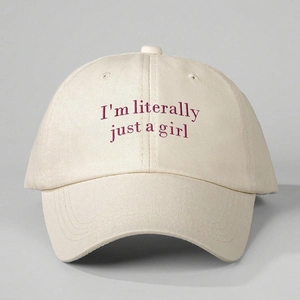 Beige cotton baseball cap with red I'm literally just a girl embroidery text