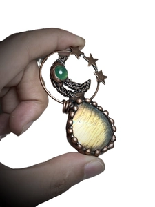 Vintage handmade moon and star pendant with labradorite and green chalcedony
