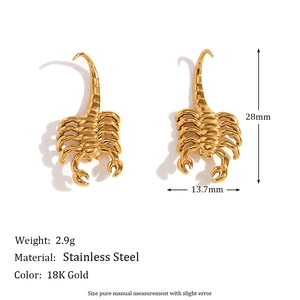 Detailed view of 18K gold plated scorpion earrings with size measurements and weights
