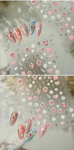 Detail of floral nail stickers with gold lines and pink heart-shaped embossed patterns