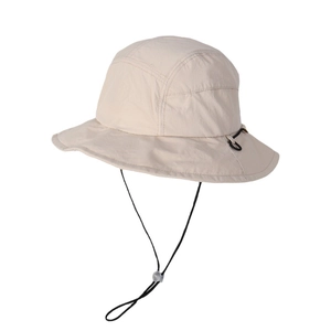 Beige outdoor hiking bucket hat with adjustable chin strap and breathable nylon fabric