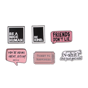 Set of 6 minimalist enamel letter pins with BE KIND and FRIENDS DONT LIE slogans