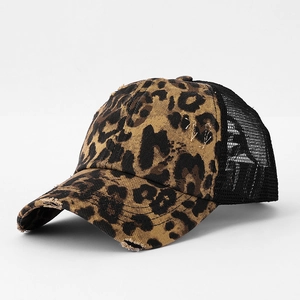 Close-up of leopard print baseball cap with distressed brim and breathable black mesh