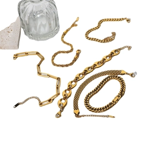 Elegant set of five gold-plated stainless steel chains including snake and cuban link styles