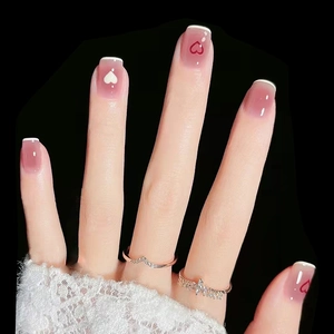 Pink Gradient Blush Press On Nails Short Square Heart Pattern French Tip False Nails Sweet Manicure For Women