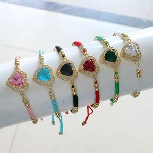 Heart Zirconia Woven Rope Bracelet Gold Plated Copper Beads Adjustable Drawstring Vintage Style For Women