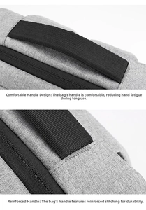 Detail of reinforced stitching and ergonomic handle on a grey travel laptop backpack