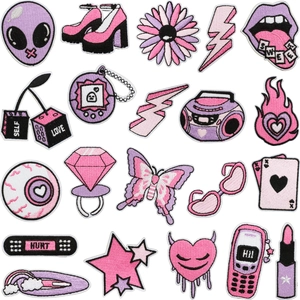 Y2K Retro Embroidery Patches Pink Purple Alien Heart Butterfly DIY Decoration Iron On Fabric Patches For Clothes Bags