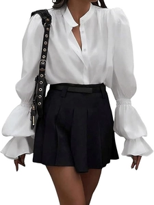 Elegant Women Blouse Stand Collar Lantern Sleeve Ruffle Cuff Solid Color Office Commute Polyester Shirt Top