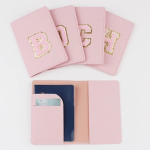 Pink PU leather passport holder set with glitter chenille embroidery letters and card slots