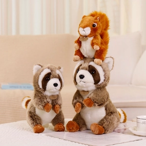 Set of 3 plush squirrel and raccoon forest animal toys for kids in a cozy home setting