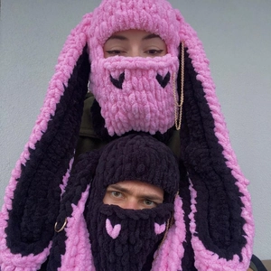 Handmade knitted bunny ear Balaclava with heart pattern and chain detail in pink and black