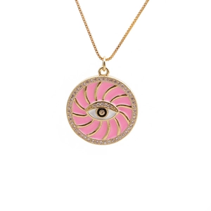 Pink enamel evil eye pendant necklace with gold chain and sparkling cubic zirconia stones