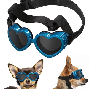 Foldable heart-shaped pet sunglasses with blue frames and adjustable strap for small dogs