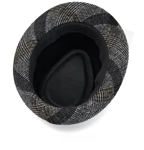 Internal view of the plaid fedora hat showing inner lining and ribbed sweatband details