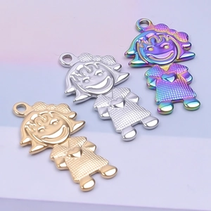 Detail view of 18k gold-plated and rainbow-colored stainless steel DIY charms in cartoon style