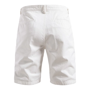 Detail view of white cotton casual shorts showing rear pockets and precise stitching quality