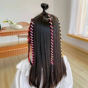Colorful hair braiding strings for children's hairstyles on girl model back view