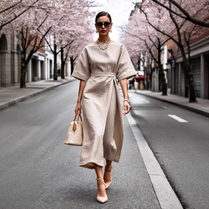 Elegant oatmeal cotton linen midi dress with waist tie and round neck for summer wear