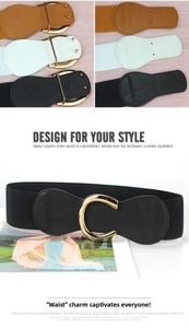 Detail of wide elastic waist belt with golden C-buckle and lychee texture leather finish