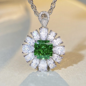 Luxurious S925 silver necklace with green gemstone flower pendant and clear zircon details