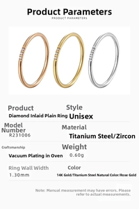 Detailed specs of 1.3mm zircon rings in gold, silver, and rose gold finishes