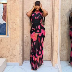 Women Abstract Print Sleeveless High Neck Maxi Dress Bodycon Cutout Back Ruched Long Party Clubwear Dress