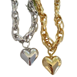 Hip hop style double chunky chain necklace with polished heart pendant in gold and silver