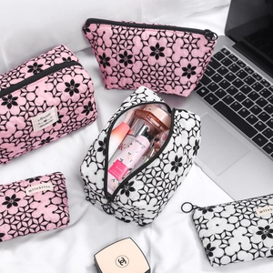 Large capacity floral flocked fabric makeup bag set for portable cosmetic storage