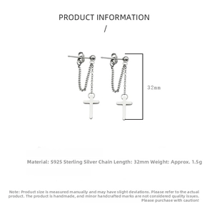 Detail showing S925 sterling silver cross earring chain with 32mm length and 1.5g weight