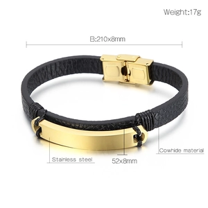 Detailansicht der Maße des schwarzen Lederarmbands für Herren mit Goldplatte