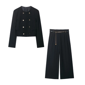 Blazer E Pantaloni Gamba Larga Donna Poliestere Casual Giacca Corta Doppio Petto Pantaloni Vita Alta Bottoni Oro Cintura Catena