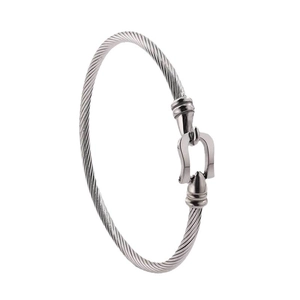 Minimalist stainless steel cable bracelet with silver horseshoe shackle clasp