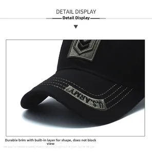 Close-up of U.S. ARMY embroidery and premium cotton twill texture on a black tactical cap