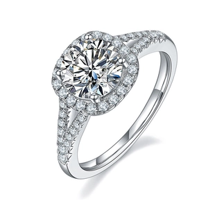 Detailed view of 1-carat halo engagement ring with split-shank micro-pave setting