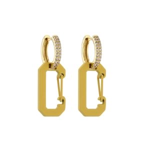 Detail of micro-paved zircon hoops with mustard yellow rectangular carabiner charms