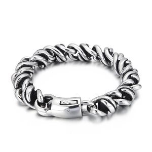 Polished silver stainless steel thick twist chain bracelet with square snap clasp