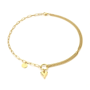 Double-layer stainless steel heart necklace with paperclip chain and gold tassel fringe