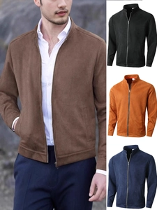Close-up of slim-fit men's stand collar jacket with full-zip and ribbed cuffs detail