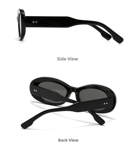 Detail view showing side and back of black oval sunglasses with silver diamond rivets