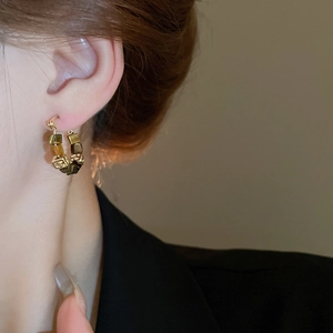 Detail view of a model wearing square tiger eye stone earrings with gold plating