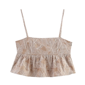 Brown tropical leaf print camisole top with peplum hem on a clean white background
