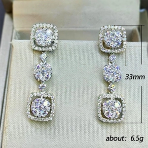 Elegant 33mm luxury bridal drop earrings with square geometric pave stones for weddings