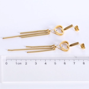 Polished stainless steel long tassel heart earrings with gold plating and zircons