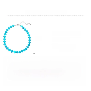 Detail showing blue diamond shell bead necklace specs, titanium steel, 21.4g weight