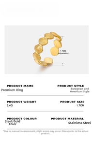 Detailed view of adjustable shell pattern ring made of gold plated stainless steel