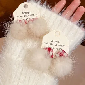 Winter plush bow earrings with S925 silver needle and soft cream white faux fur balls
