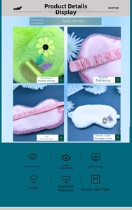 Detail view of plush cartoon eye mask with satin lining and elastic strap for sleep